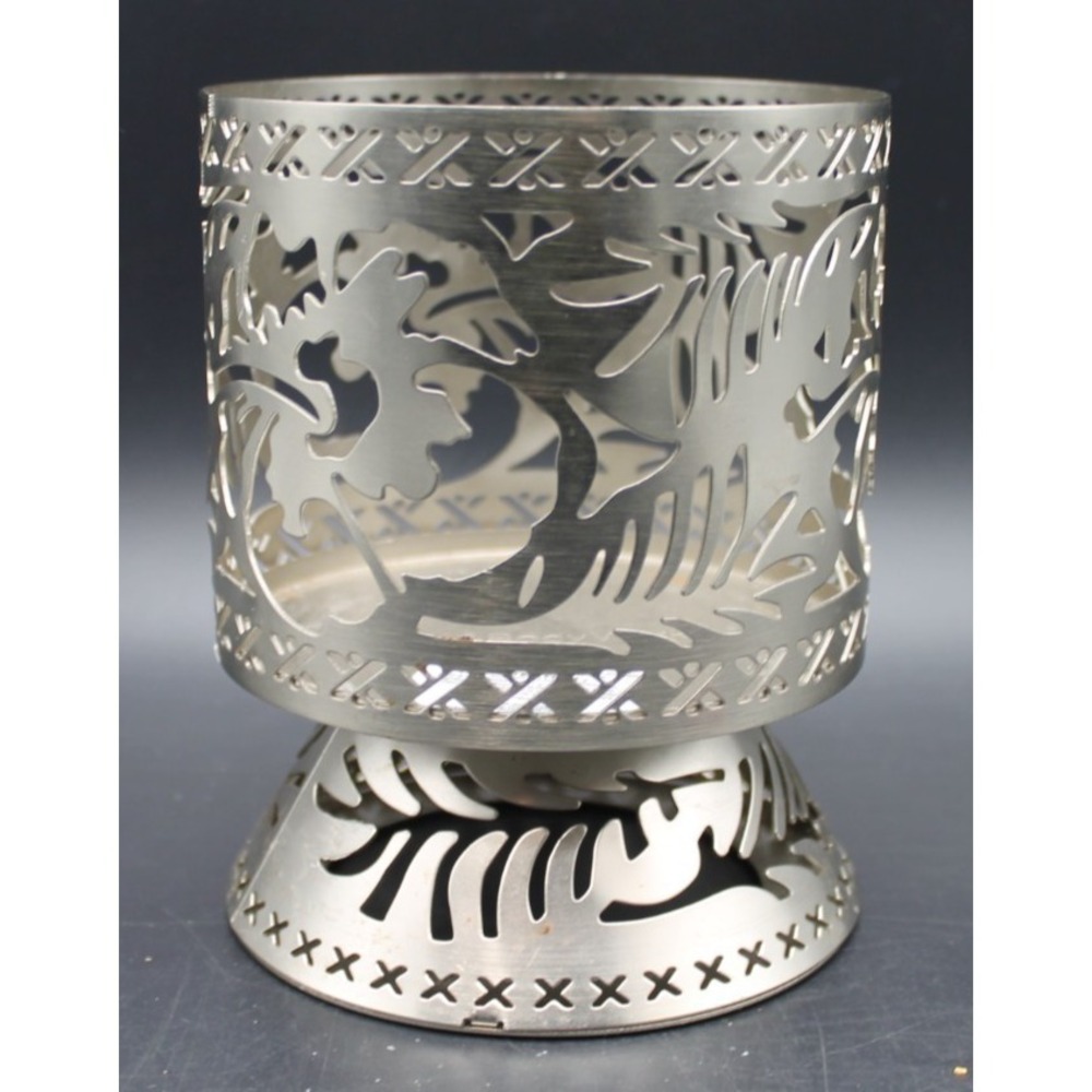 Bath & Body Works 3 Wick Candle Holder Pedestal Tropical Leaf Cutout Silver
